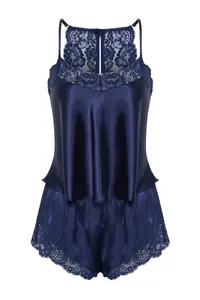 TRENDYOLMİLLA Navy Blue Lace Rope Sleeveless Satin OF shorts Weaving Pajama Set - Image 8