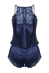 TRENDYOLMİLLA Navy Blue Lace Rope Sleeveless Satin OF shorts Weaving Pajama Set - Image 9