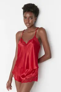TRENDYOLMİLLA Red Lace Rope Sleeveless Satin OF shorts Weaving Pajama Set - Image 3