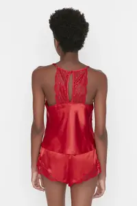 TRENDYOLMİLLA Red Lace Rope Sleeveless Satin OF shorts Weaving Pajama Set - Image 5