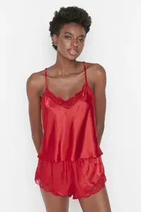 TRENDYOLMİLLA Red Lace Rope Sleeveless Satin OF shorts Weaving Pajama Set - Image 6