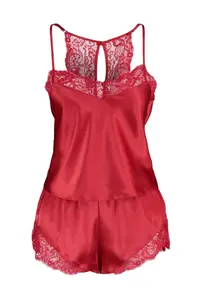 TRENDYOLMİLLA Red Lace Rope Sleeveless Satin OF shorts Weaving Pajama Set - Image 9