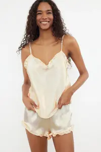 TRENDYOLMİLLA Ecru Frilly Rope Sleeveless Satin OF shorts Weaving Pajama Set - Image 2