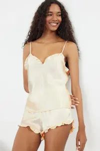 TRENDYOLMİLLA Ecru Frilly Rope Sleeveless Satin OF shorts Weaving Pajama Set - Image 3