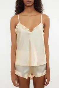 TRENDYOLMİLLA Ecru Frilly Rope Sleeveless Satin OF shorts Weaving Pajama Set - Image 4