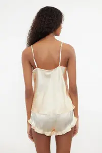 TRENDYOLMİLLA Ecru Frilly Rope Sleeveless Satin OF shorts Weaving Pajama Set - Image 6