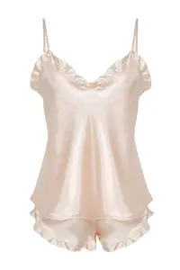 TRENDYOLMİLLA Ecru Frilly Rope Sleeveless Satin OF shorts Weaving Pajama Set - Image 7
