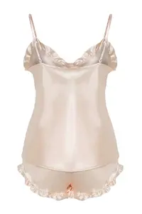 TRENDYOLMİLLA Ecru Frilly Rope Sleeveless Satin OF shorts Weaving Pajama Set - Image 8