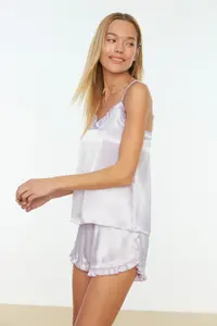 TRENDYOLMİLLA Lilac Frilly Rope Sleeveless Satin OF shorts Weaving Pajama Set - Image 3