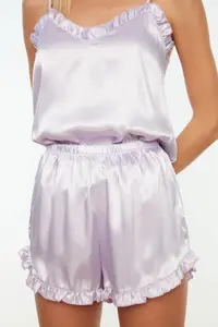 TRENDYOLMİLLA Lilac Frilly Rope Sleeveless Satin OF shorts Weaving Pajama Set - Image 4