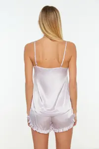 TRENDYOLMİLLA Lilac Frilly Rope Sleeveless Satin OF shorts Weaving Pajama Set - Image 5