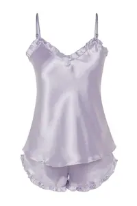 TRENDYOLMİLLA Lilac Frilly Rope Sleeveless Satin OF shorts Weaving Pajama Set - Image 6