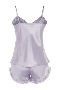 TRENDYOLMİLLA Lilac Frilly Rope Sleeveless Satin OF shorts Weaving Pajama Set - Image 8