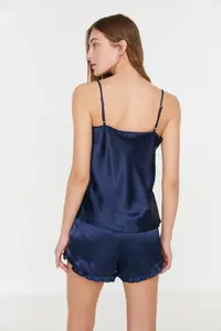 TRENDYOLMİLLA Navy Blue Frilly Rope Sleeveless Satin OF shorts Weaving Pajama Set - Image 5