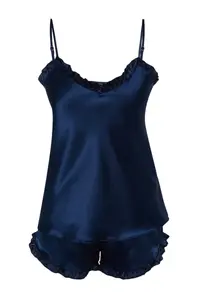TRENDYOLMİLLA Navy Blue Frilly Rope Sleeveless Satin OF shorts Weaving Pajama Set - Image 6