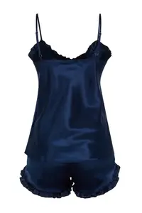 TRENDYOLMİLLA Navy Blue Frilly Rope Sleeveless Satin OF shorts Weaving Pajama Set - Image 8