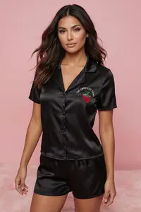 TRENDYOLMİLLA Black Strawberry and Slogan Embroidered Satin OF shorts Weaving Pajama Set