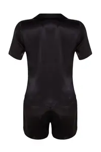 TRENDYOLMİLLA Black Strawberry and Slogan Embroidered Satin OF shorts Weaving Pajama Set - Image 10