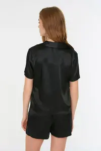 TRENDYOLMİLLA Black Strawberry and Slogan Embroidered Satin OF shorts Weaving Pajama Set - Image 7