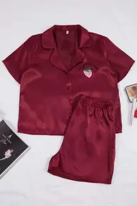 TRENDYOLMİLLA Burgundy Strawberry and Slogan Embroidered Satin OF shorts Weaving Pajama Set - Image 3