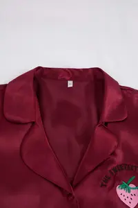 TRENDYOLMİLLA Burgundy Strawberry and Slogan Embroidered Satin OF shorts Weaving Pajama Set - Image 5