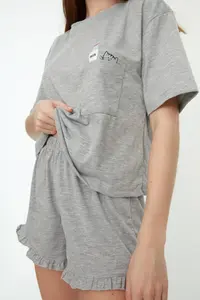 TRENDYOLMİLLA Gray Frilly Printed OF shorts Knitting Pajama Set - Image 5
