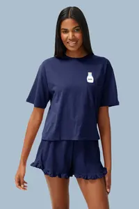 TRENDYOLMİLLA Navy Blue Frilly Printed OF shorts Knitting Pajama Set - Image 2