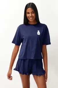 TRENDYOLMİLLA Navy Blue Frilly Printed OF shorts Knitting Pajama Set - Image 3