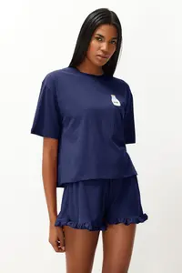 TRENDYOLMİLLA Navy Blue Frilly Printed OF shorts Knitting Pajama Set - Image 4