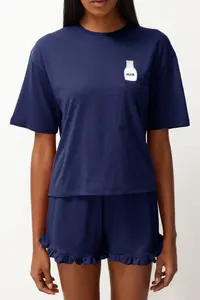 TRENDYOLMİLLA Navy Blue Frilly Printed OF shorts Knitting Pajama Set - Image 6
