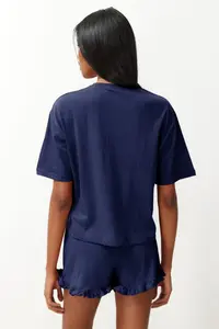 TRENDYOLMİLLA Navy Blue Frilly Printed OF shorts Knitting Pajama Set - Image 8