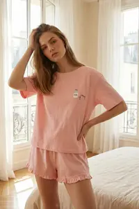 TRENDYOLMİLLA Pink Frilly Printed OF shorts Knitting Pajama Set