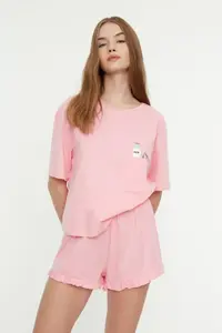 TRENDYOLMİLLA Pink Frilly Printed OF shorts Knitting Pajama Set - Image 2