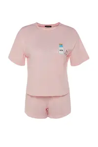 TRENDYOLMİLLA Pink Frilly Printed OF shorts Knitting Pajama Set - Image 7