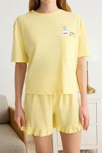 TRENDYOLMİLLA Yellow Frilly Printed OF shorts Knitting Pajama Set - Image 3
