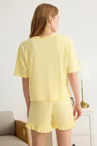 TRENDYOLMİLLA Yellow Frilly Printed OF shorts Knitting Pajama Set - Image 5