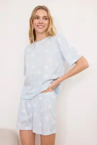 TRENDYOLMİLLA Light Blue 100% Cotton Star Patterned OF shorts Knitting Pajama Set - Image 2
