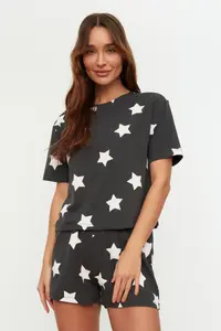 TRENDYOLMİLLA Multicolored 100% Cotton Star Patterned OF shorts Knitting Pajama Set