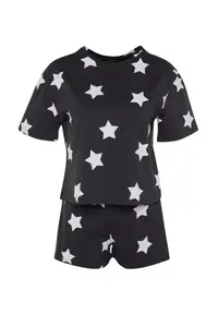TRENDYOLMİLLA Multicolored 100% Cotton Star Patterned OF shorts Knitting Pajama Set - Image 6