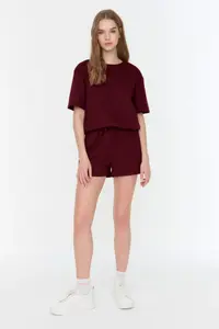 TRENDYOLMİLLA Burgundy Waffle Material OF shorts Knitting Pajama Set - Image 6
