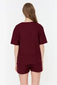 TRENDYOLMİLLA Burgundy Waffle Material OF shorts Knitting Pajama Set - Image 7
