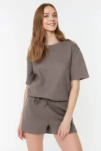 TRENDYOLMİLLA Mink Waffle Material OF shorts Knitting Pajama Set - Image 3