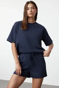 TRENDYOLMİLLA Indigo Waffle Material OF shorts Knitting Pajama Set - Image 2