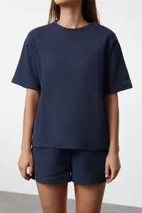 TRENDYOLMİLLA Indigo Waffle Material OF shorts Knitting Pajama Set - Image 3