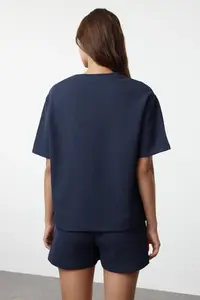 TRENDYOLMİLLA Indigo Waffle Material OF shorts Knitting Pajama Set - Image 5