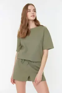 TRENDYOLMİLLA Khaki Waffle Material OF shorts Knitting Pajama Set - Image 3