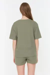 TRENDYOLMİLLA Khaki Waffle Material OF shorts Knitting Pajama Set - Image 5