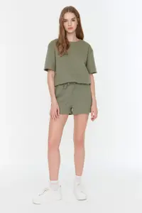 TRENDYOLMİLLA Khaki Waffle Material OF shorts Knitting Pajama Set - Image 6