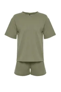 TRENDYOLMİLLA Khaki Waffle Material OF shorts Knitting Pajama Set - Image 7