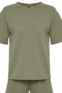 TRENDYOLMİLLA Khaki Waffle Material OF shorts Knitting Pajama Set - Image 8